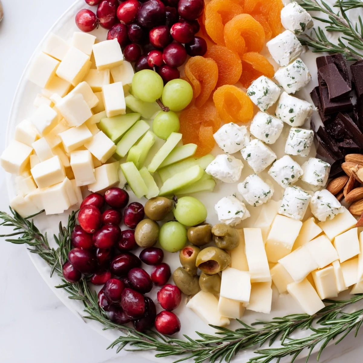 Festive Cranberry Joy Tree Board loaded with cheese, fruits, and crackers perfect for a holiday appetizer.