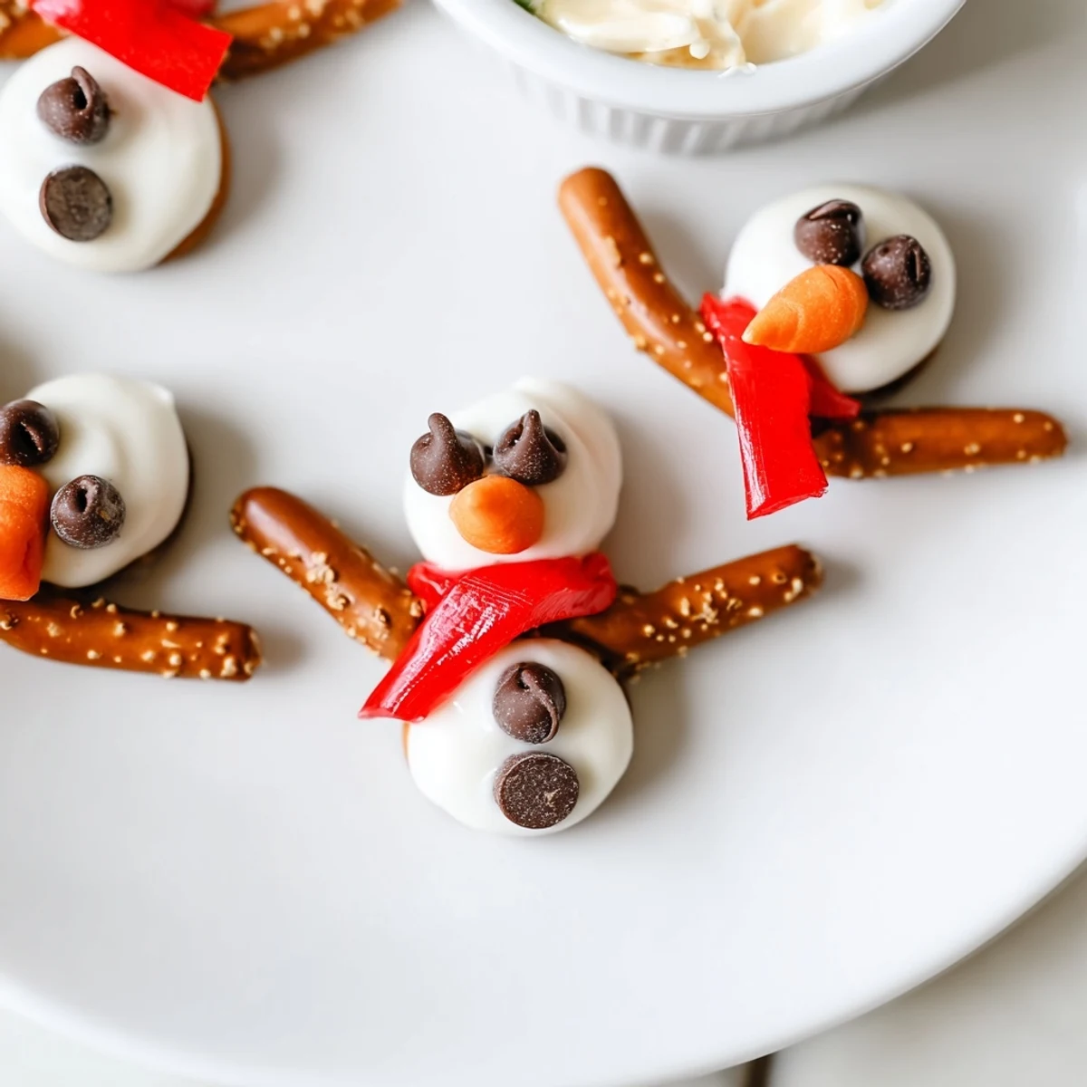 Savory snowman pretzel and dip appetizer: Pretzel snowmen with chocolate chip eyes and carrot noses, ready to dip.