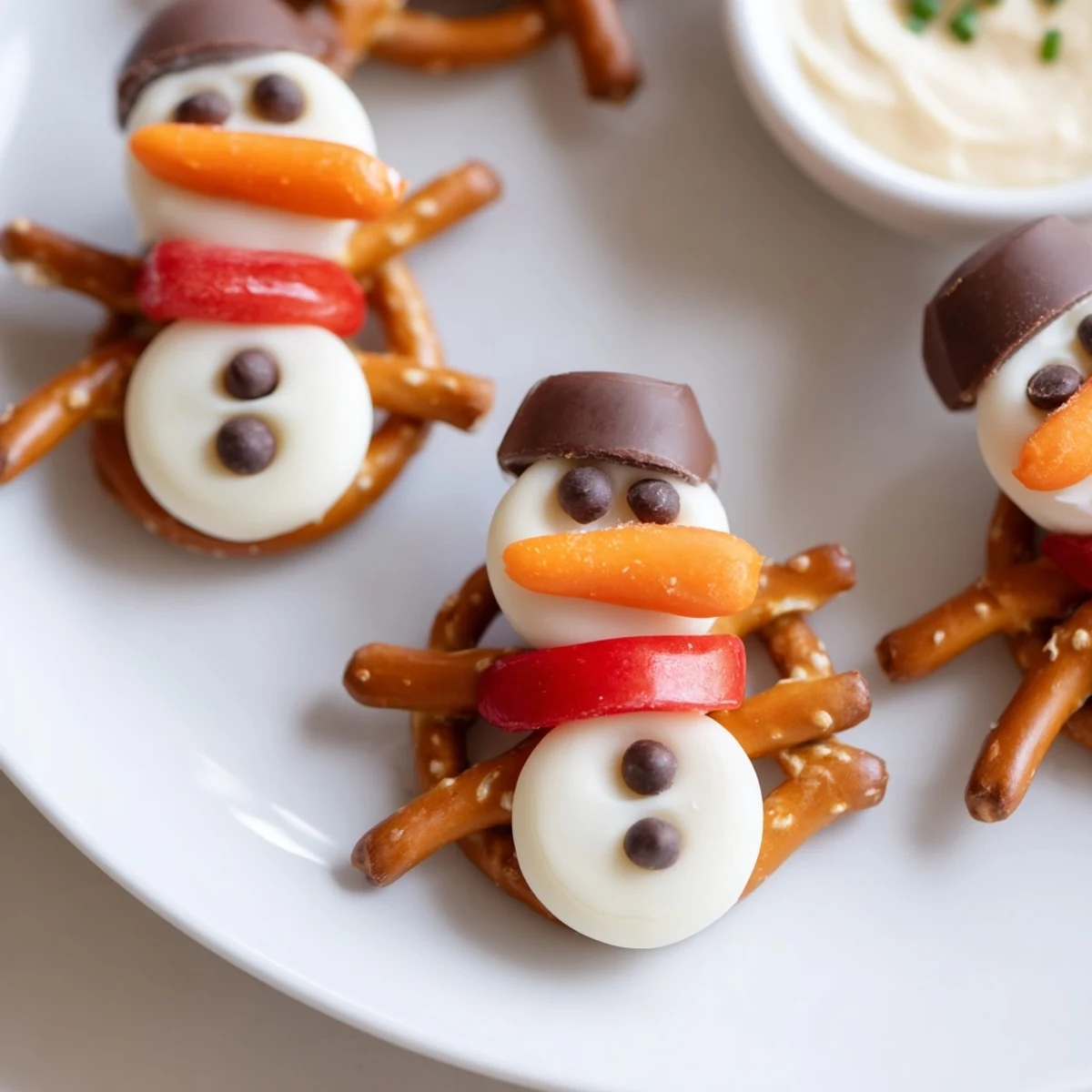 Festive snowman pretzel and dip platter: a close-up of crunchy pretzels arranged artfully with colorful garnishes.