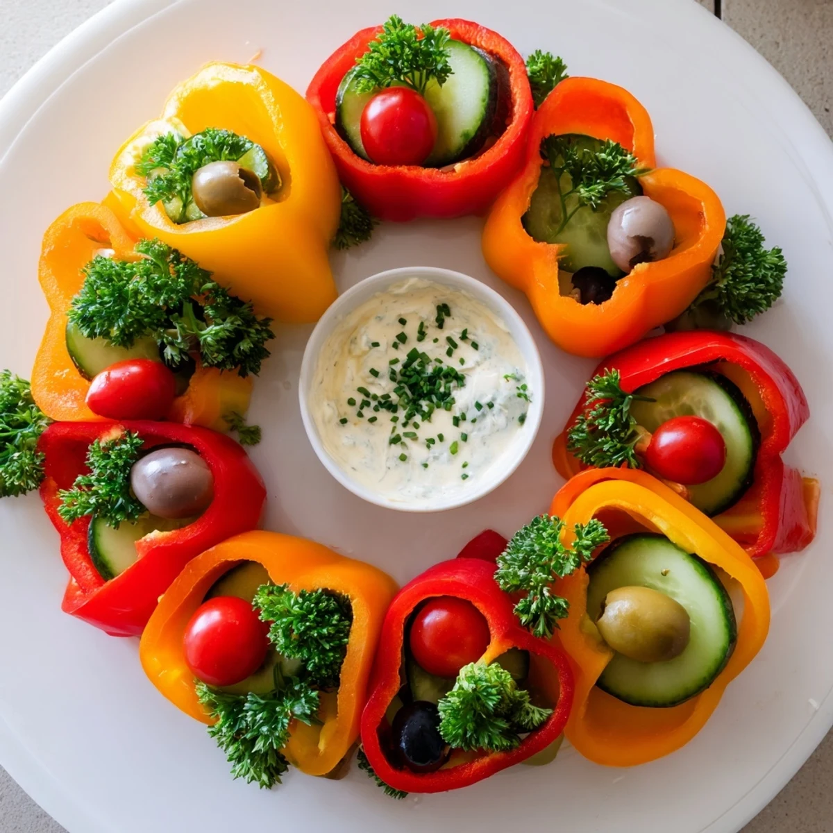 Enjoy this easy, festive bell pepper wreath, beautifully arranged with colorful fresh vegetables and dip.