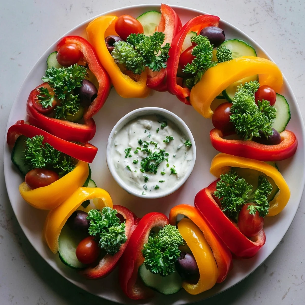 Festive Bell Pepper Wreath: A colorful veggie appetizer featuring vibrant bell peppers ready to enjoy.