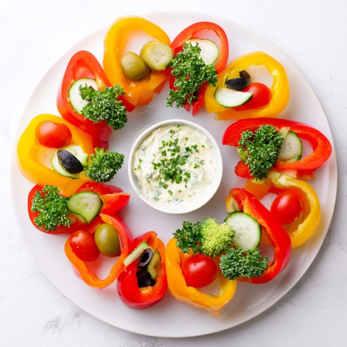 Homemade Festive Bell Pepper Wreath: A close-up of the delicious veggie wreath with creamy dip.