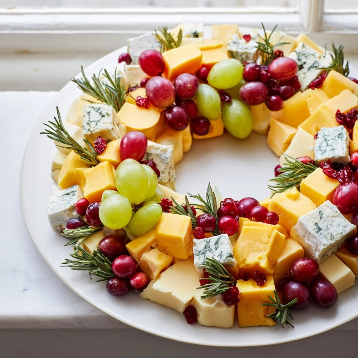 Festive Holiday Wreath Cheese Ring adorned with grapes and olives, ready to be enjoyed with crackers.