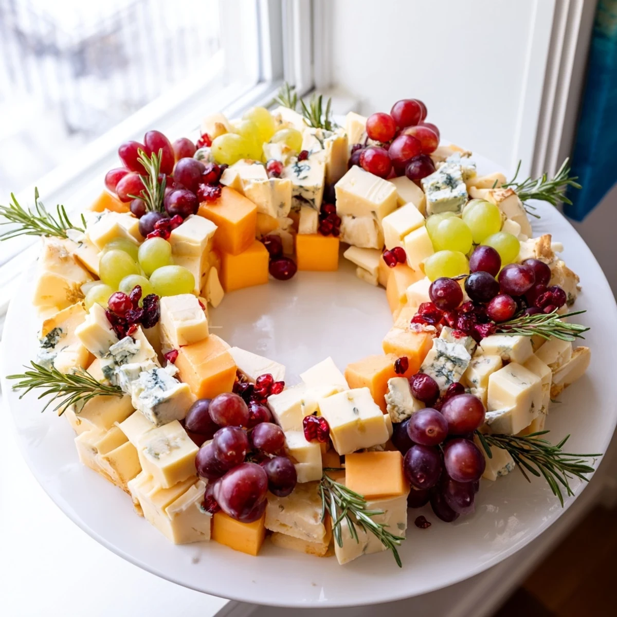A gorgeous cheese ring, Holiday Wreath Cheese Ring, overflowing with colorful cheeses, fruits, and nuts.