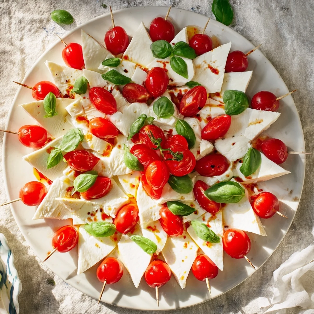 Vibrant Caprese Skewers, featuring bright red tomatoes and creamy mozzarella cheese, ready to enjoy.