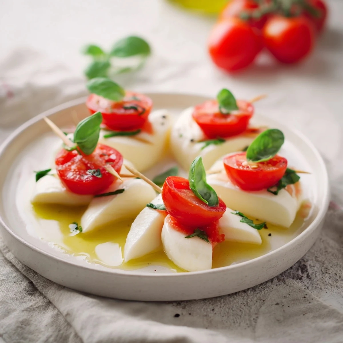 Fresh Caprese Skewers in star shapes, drizzled with balsamic glaze, perfect appetizer for a party.