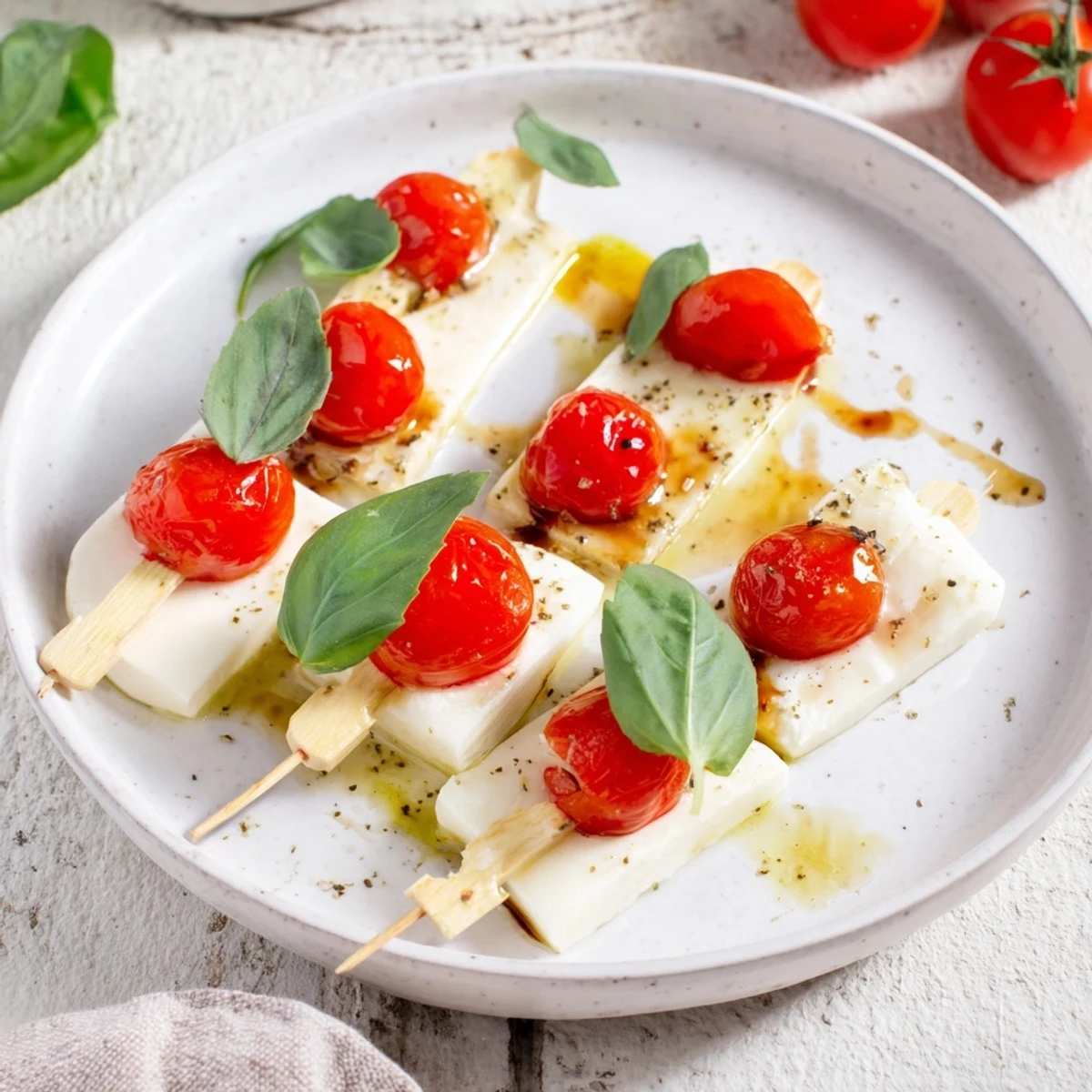 These star-shaped Caprese Skewers showcase fresh basil, making for a festive and flavorful Italian starter.