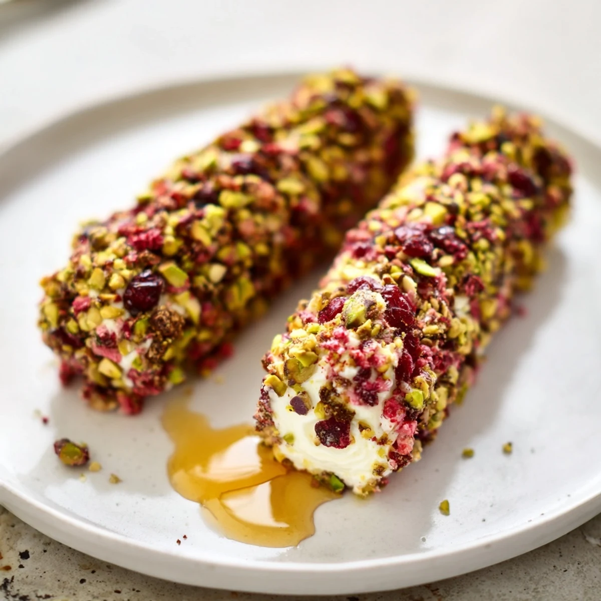 Delicious Cranberry Goat Cheese Logs appetizer, ready to serve with honey drizzle and fresh rosemary.