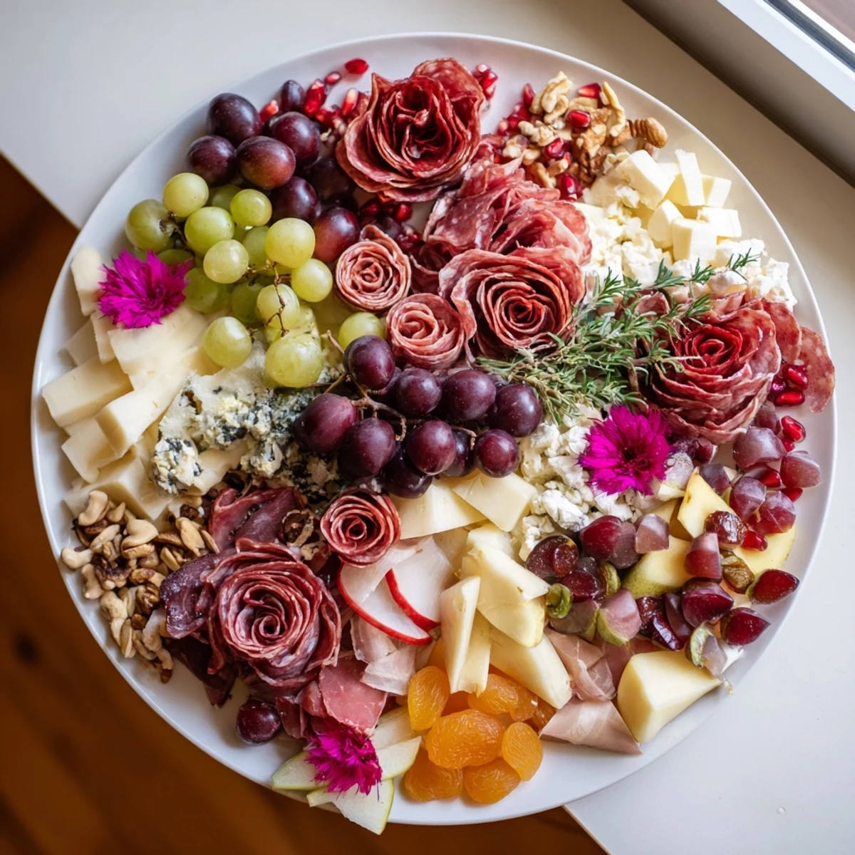 Festive meat rose charcuterie board overflowing with cured meats, cheeses, fruits, and tasty accompaniments.