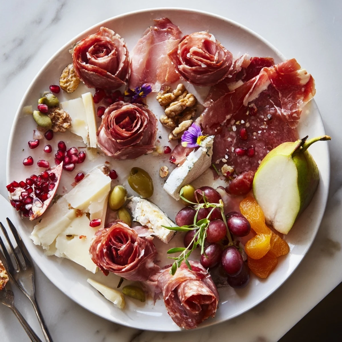 Detailed view of delicious charcuterie; savor the meat rose bouquet’s savory variety, ready for your party.