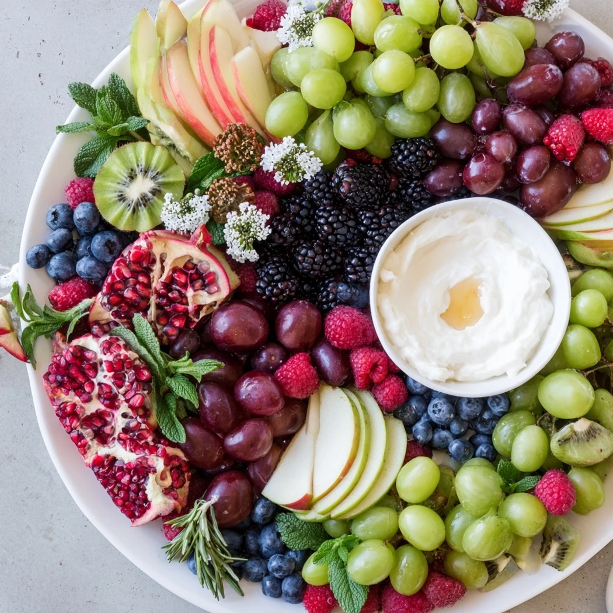 Vibrant Winter Berry Wreath Fruit Board displaying fresh, colorful berries and fruits arranged on a platter.