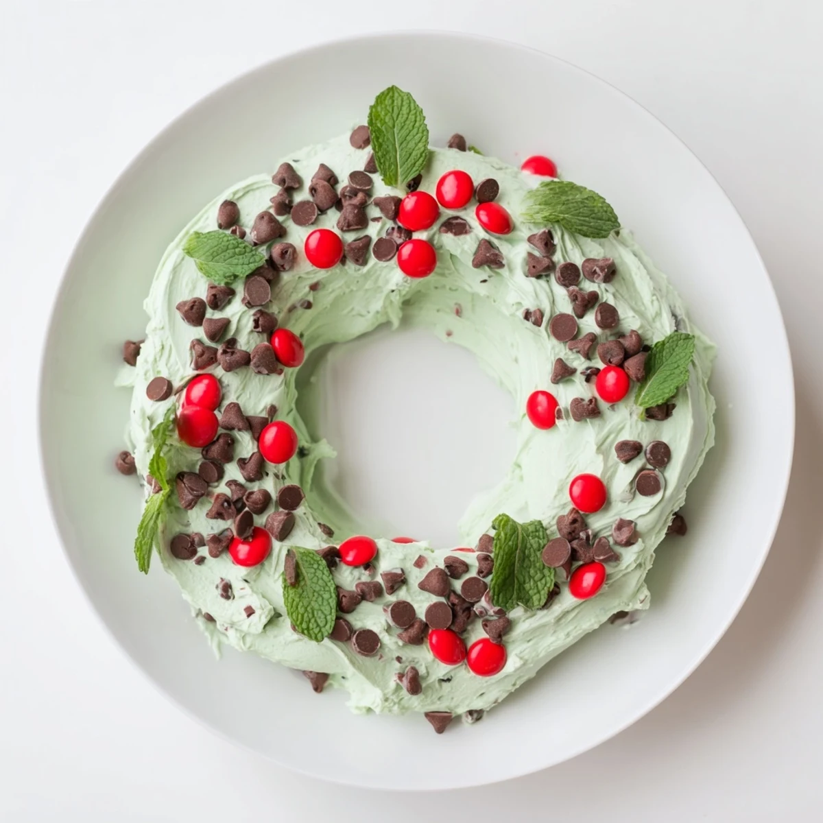 Festive Mint Chocolate Chip Dip Wreath, a creamy holiday dip with bright green, sprinkled with chocolate chips.