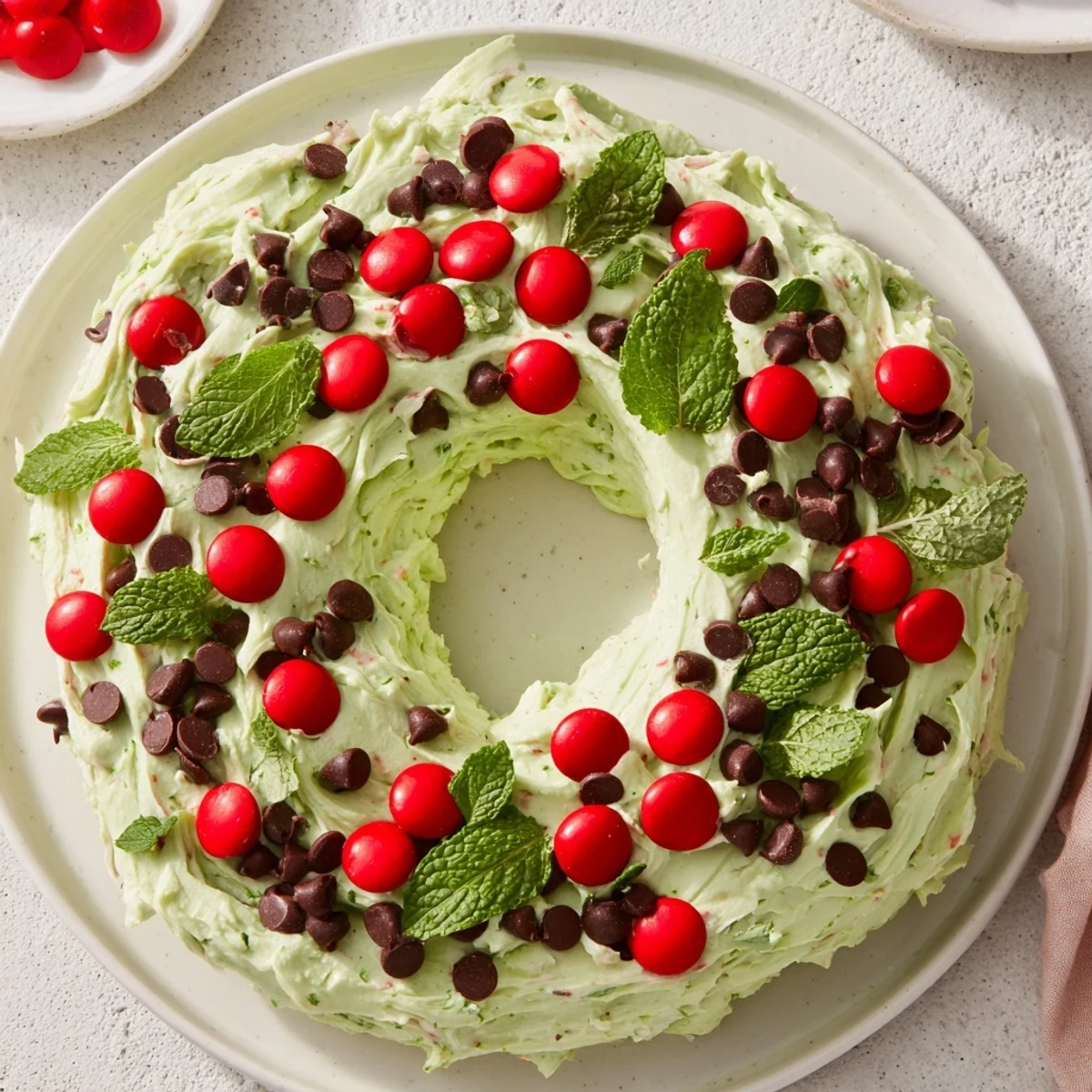 Delicious homemade Mint Chocolate Chip Dip Wreath, ready to be served with sweet dippers on holiday.