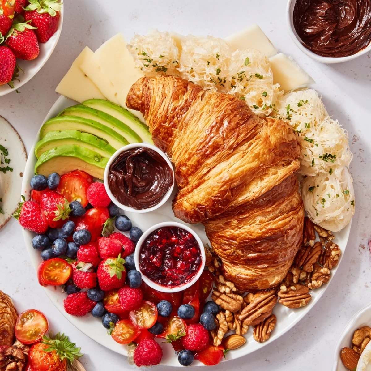 Golden-brown Cozy Fireplace Croissant Board overflowing with berries, cheeses, and inviting spreads for sharing.