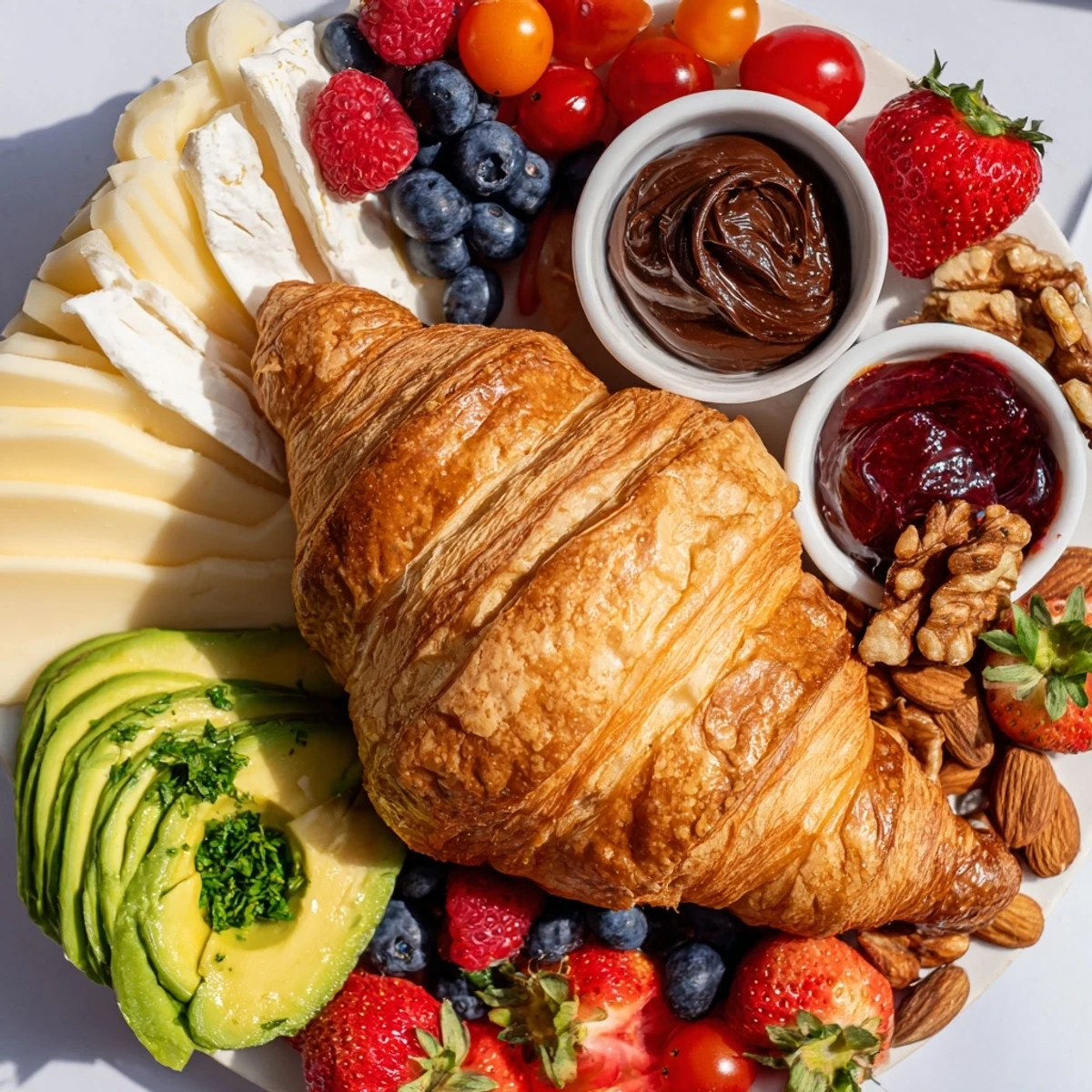 A beautiful spread of the Cozy Fireplace Croissant Board with warm croissants, sweet jams, and savory cheeses.
