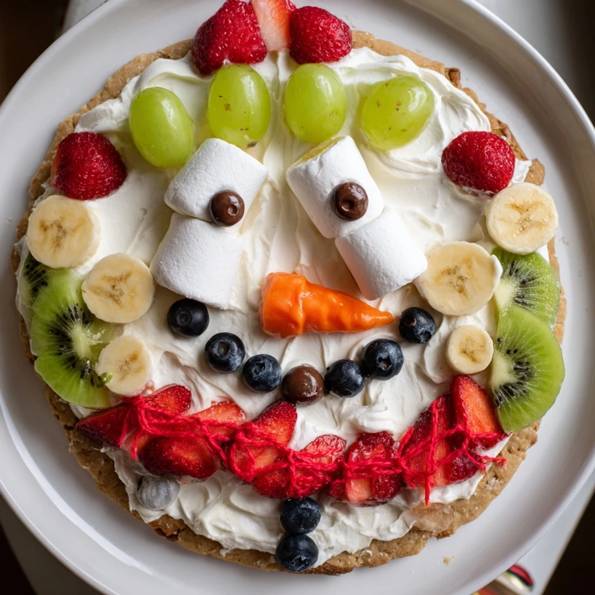 Imagine the sweet taste of a vibrant Melting Snowman Fruit Pizza, complete with marshmallow snowmen on a cookie base!