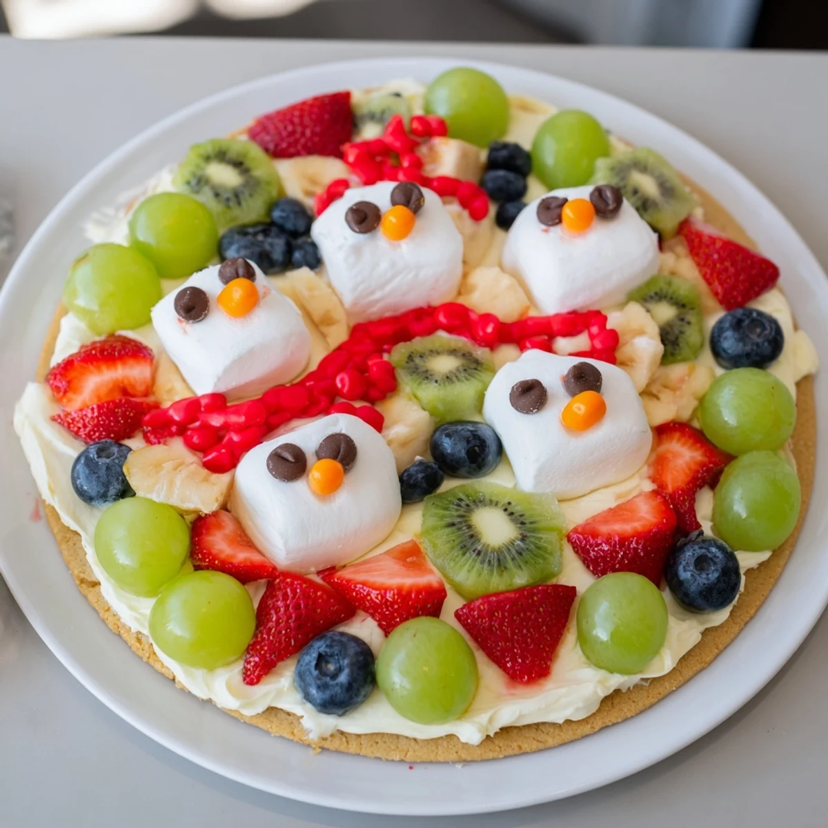 This cheerful Melting Snowman Fruit Pizza features creamy frosting and fresh fruit arranged creatively on a sugar cookie.