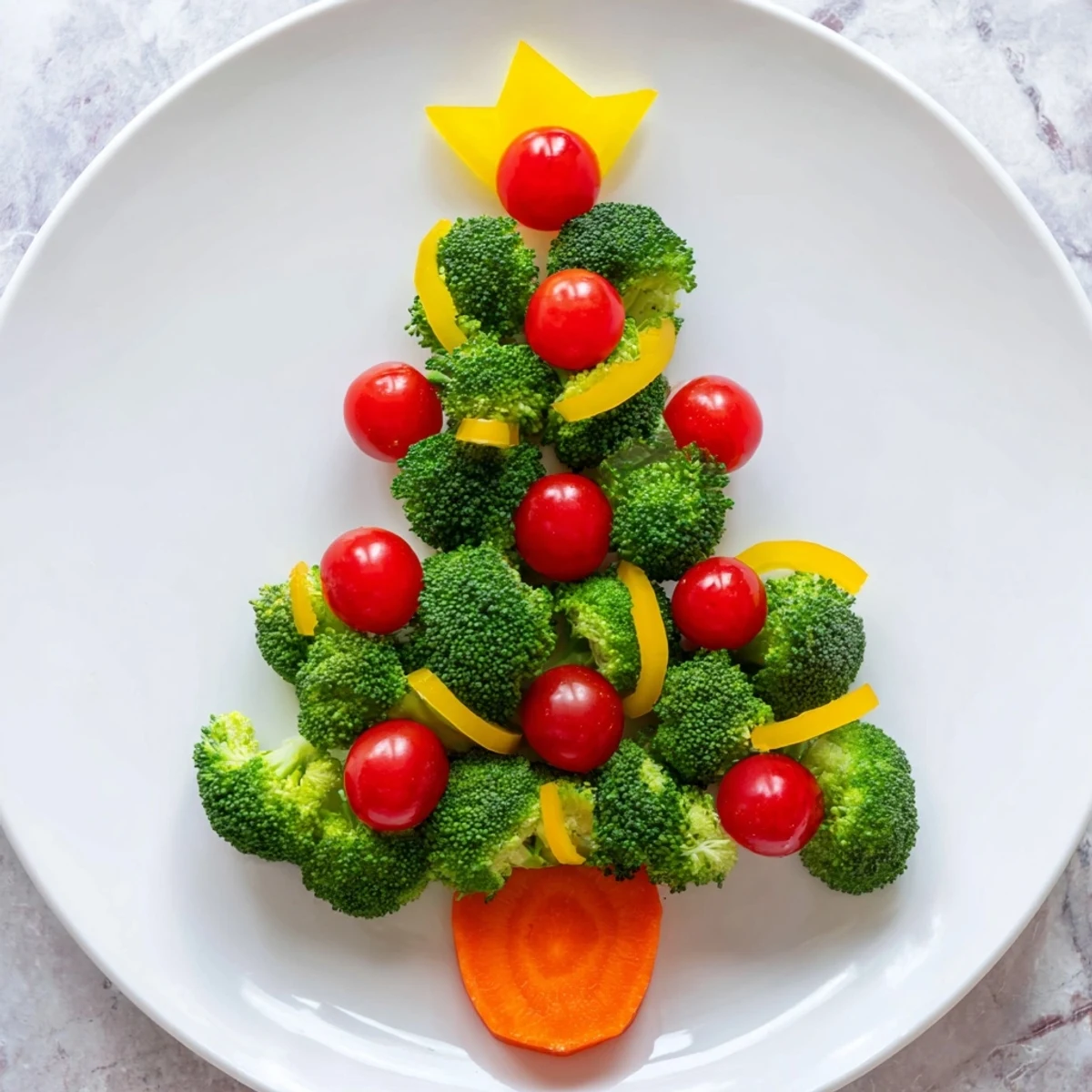 Vibrant Broccoli Tree with Cherry Tomato ornaments, ready to eat with carrot trunk, perfect for snacking.
