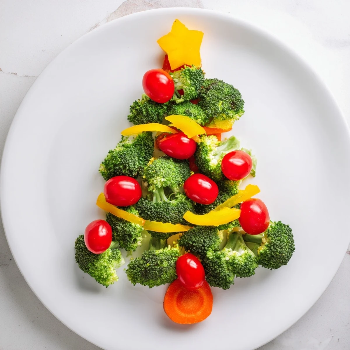 A healthy Broccoli Tree appetizer with bright red cherry tomato ornaments, ready in minutes for any occasion.