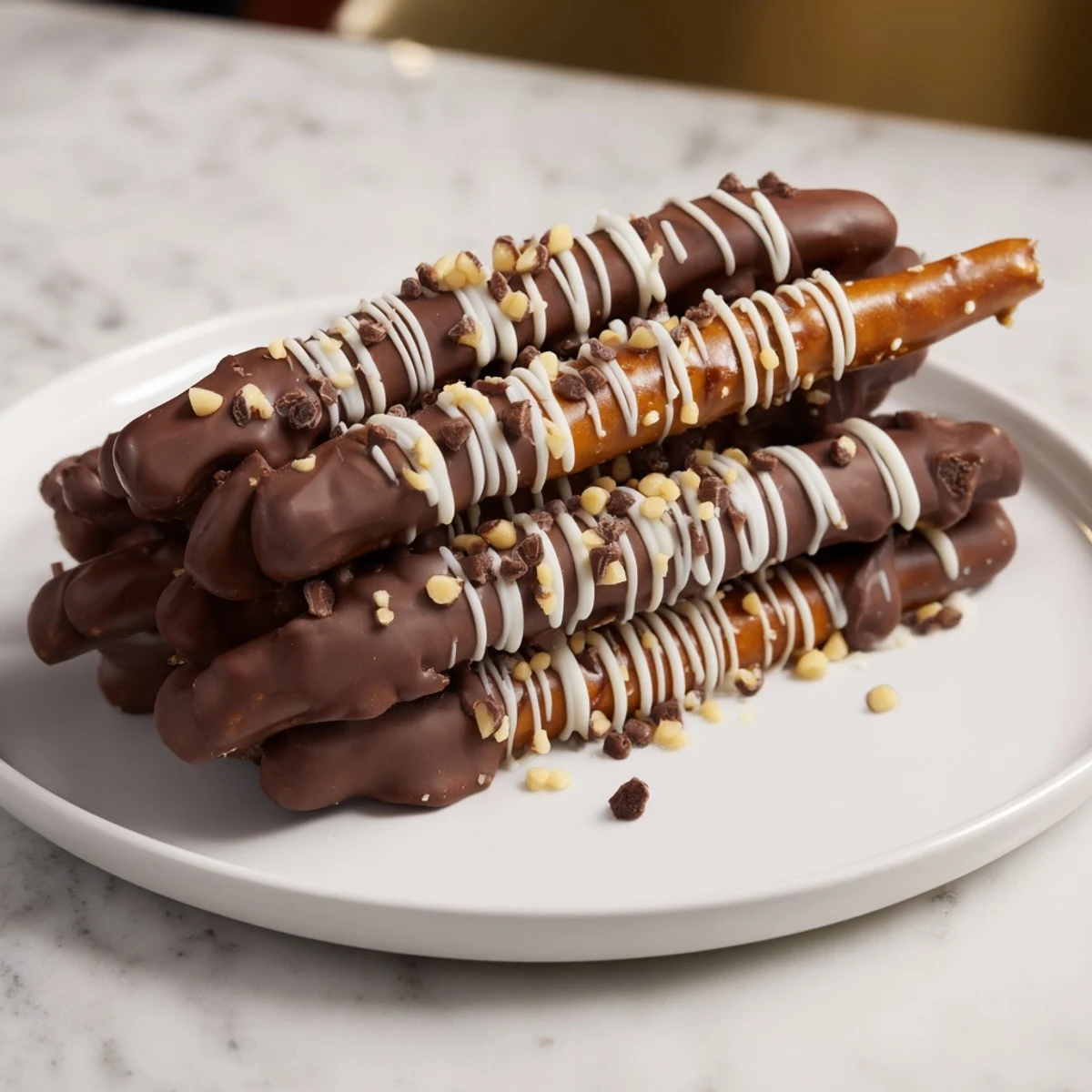 Delicious chocolate covered pretzel stick stacks, drizzled in white chocolate and ready to enjoy now!