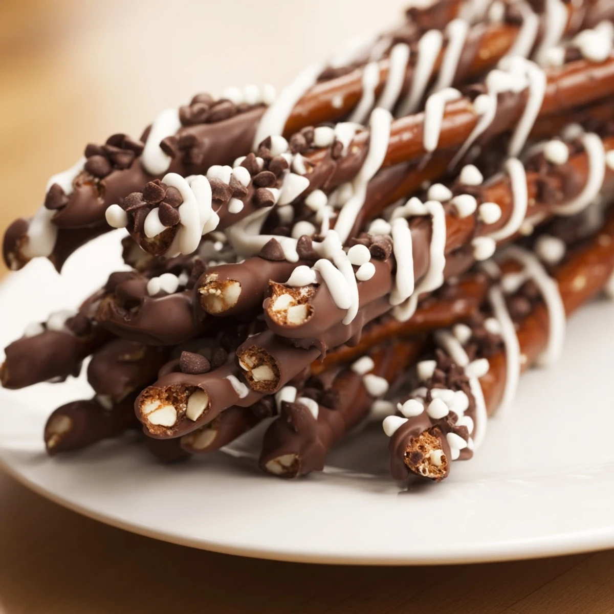 Golden salted pretzel stick towers, beautifully coated in melted chocolate, creating a sweet and salty treat.