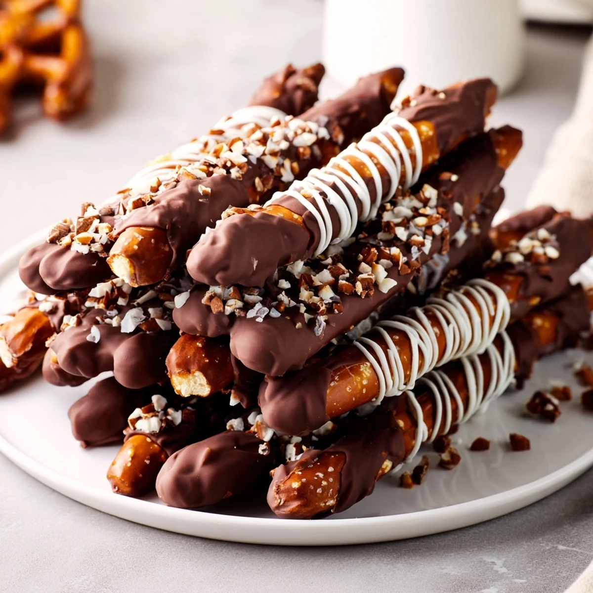 Close-up of a stack of chocolate covered pretzel sticks, garnished with colorful candies, perfect for sharing.
