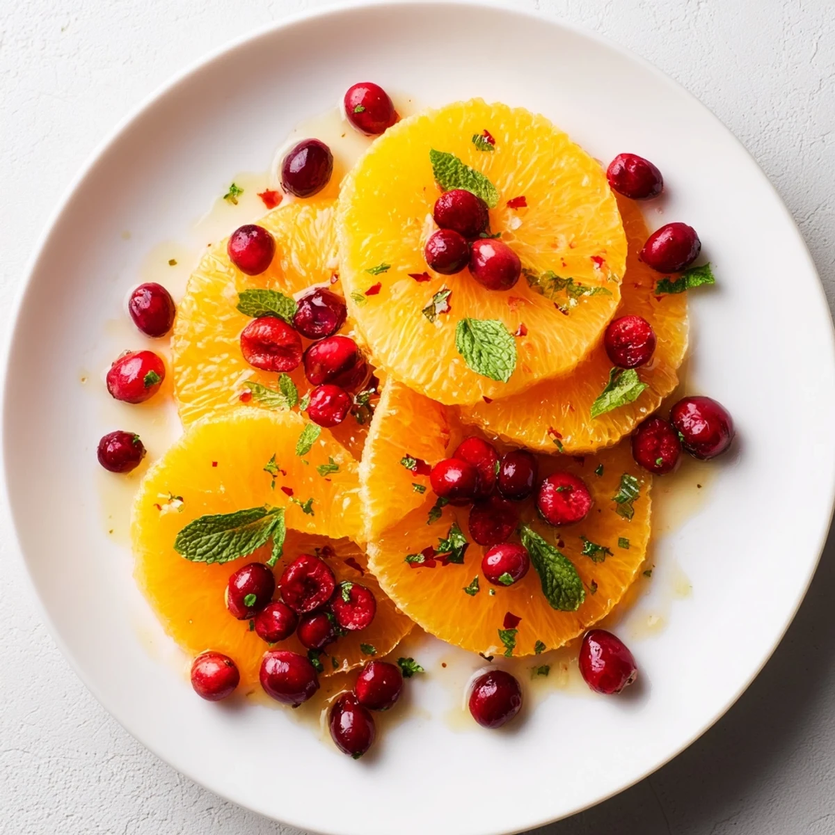 Vibrant Winter Fruit salad, with glossy orange slices and bright red cranberries, is ready.