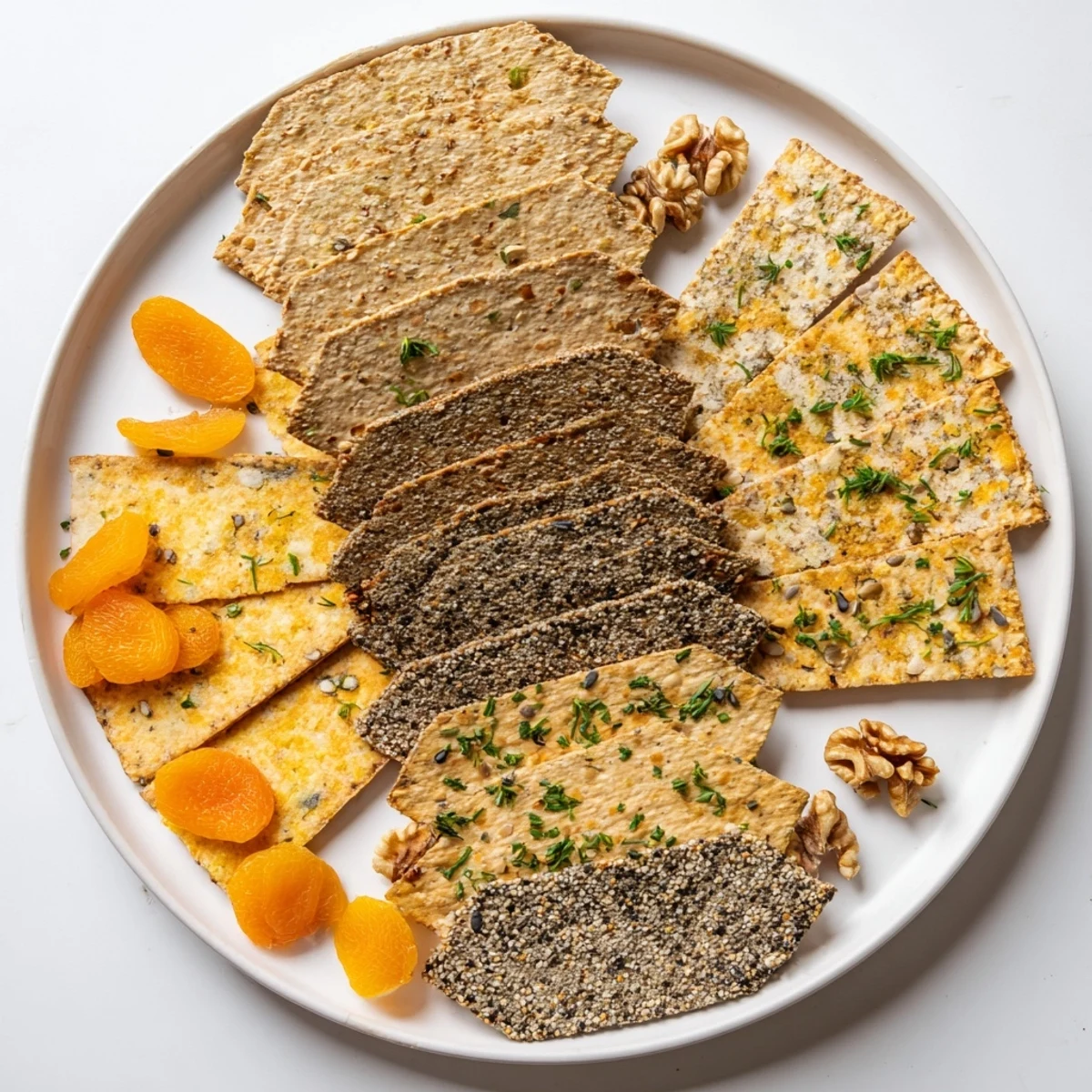 Gourmet crackers: A visually stunning fan of crispy, seasoned crackers ready for an appetizer spread.