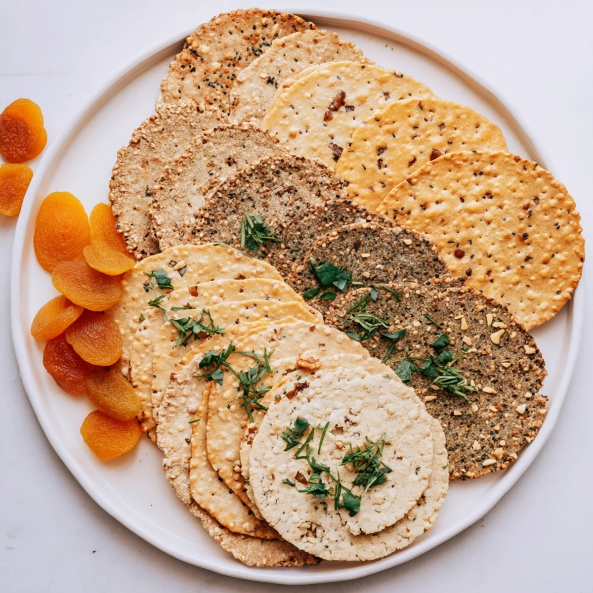 Assorted gourmet crackers artfully layered with fresh herbs and dried fruits, perfect for elegant snacking.