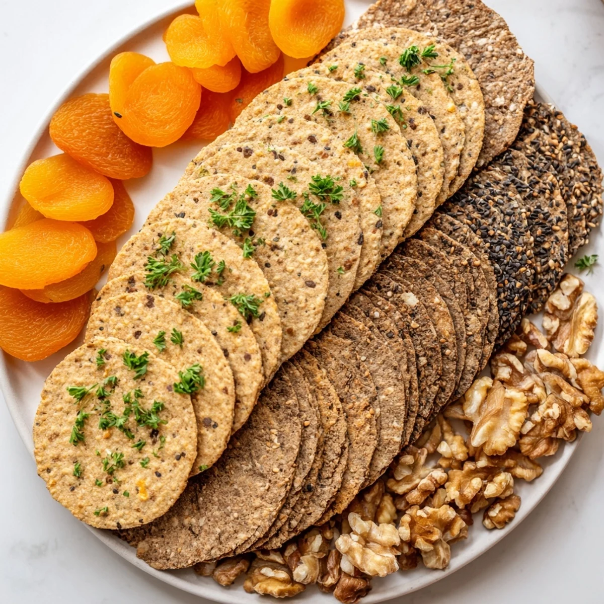 Close-up of diverse gourmet crackers arranged for serving, a simple yet delicious appetizer for any gathering.