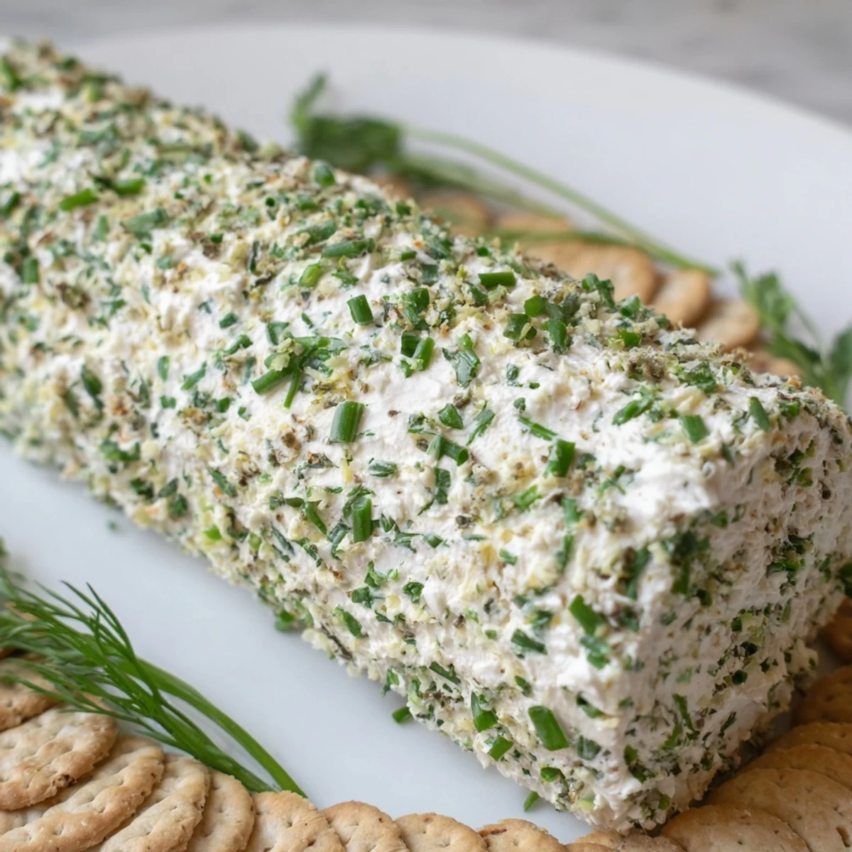 Close-up of herb-coated cheese log with vibrant green herbs and surrounding assorted crackers.