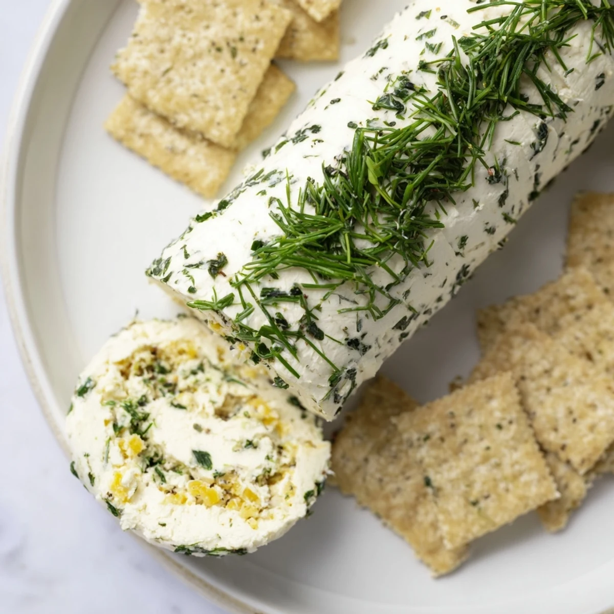 A savory herb-coated cheese log appetizer, ready to serve with a colorful cracker assortment.