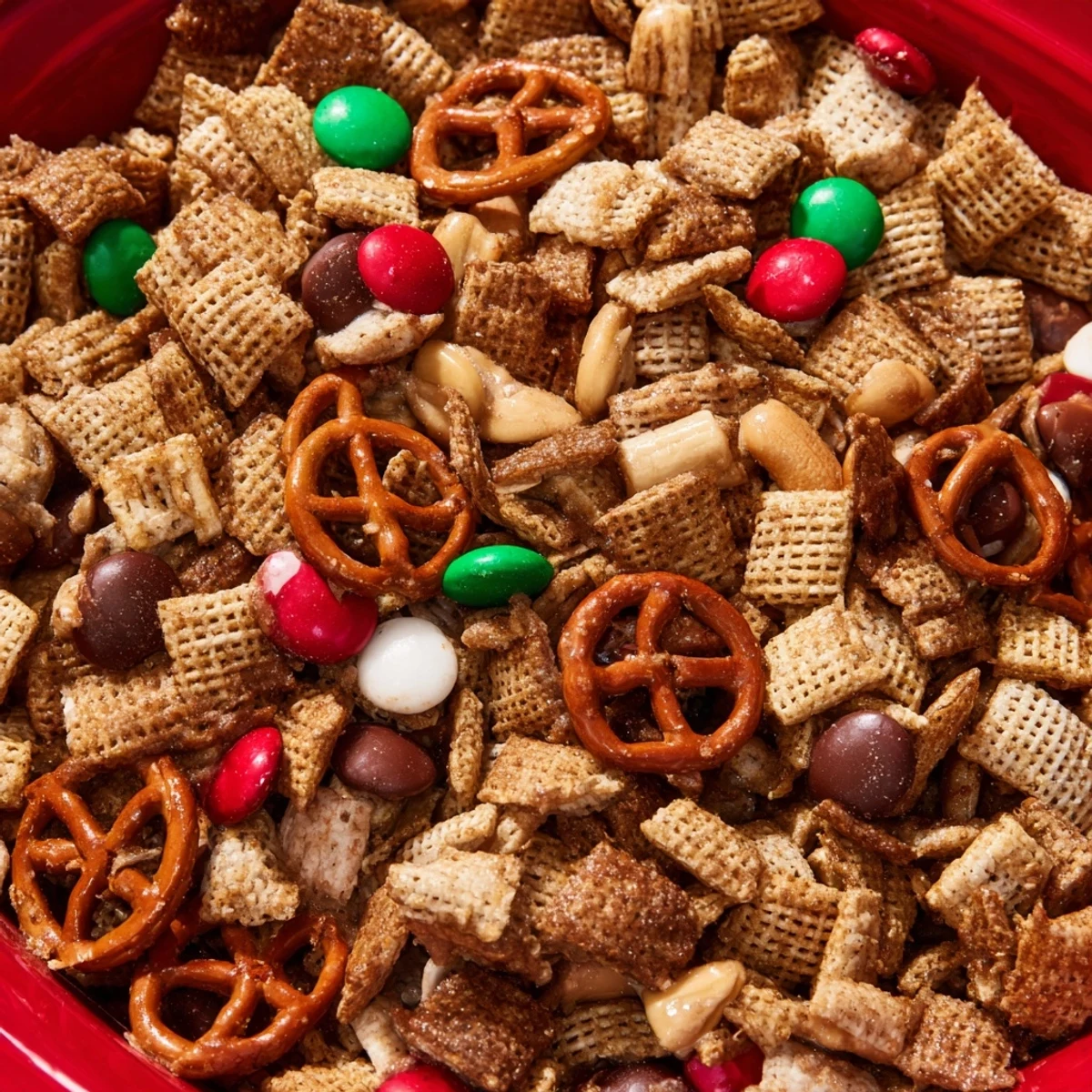 Golden-brown Holiday Mix clusters in a festive bowl, ready for guests to enjoy.