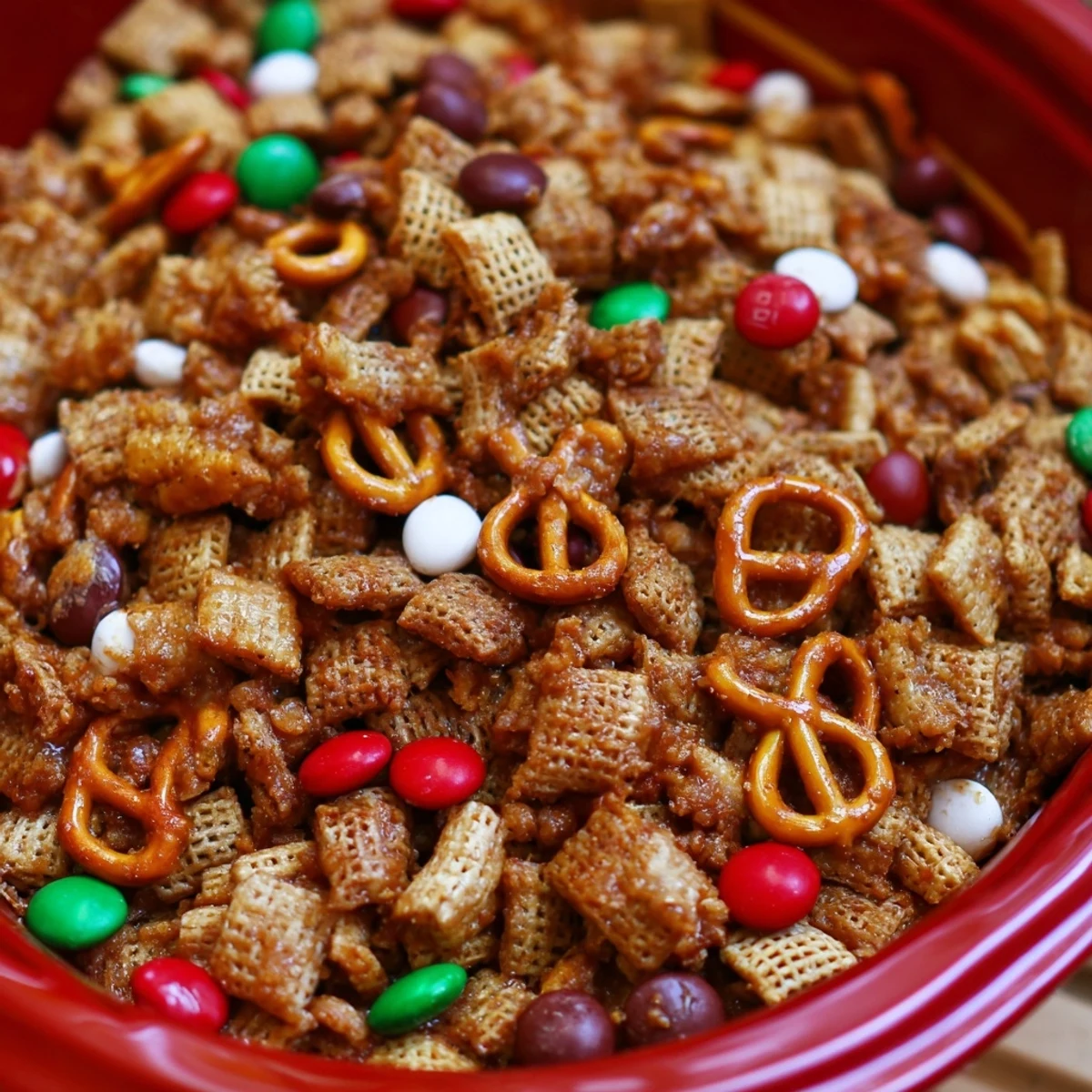 Crispy Holiday Mix, a mix of cereal and candy, perfect for holiday snacking and sharing.