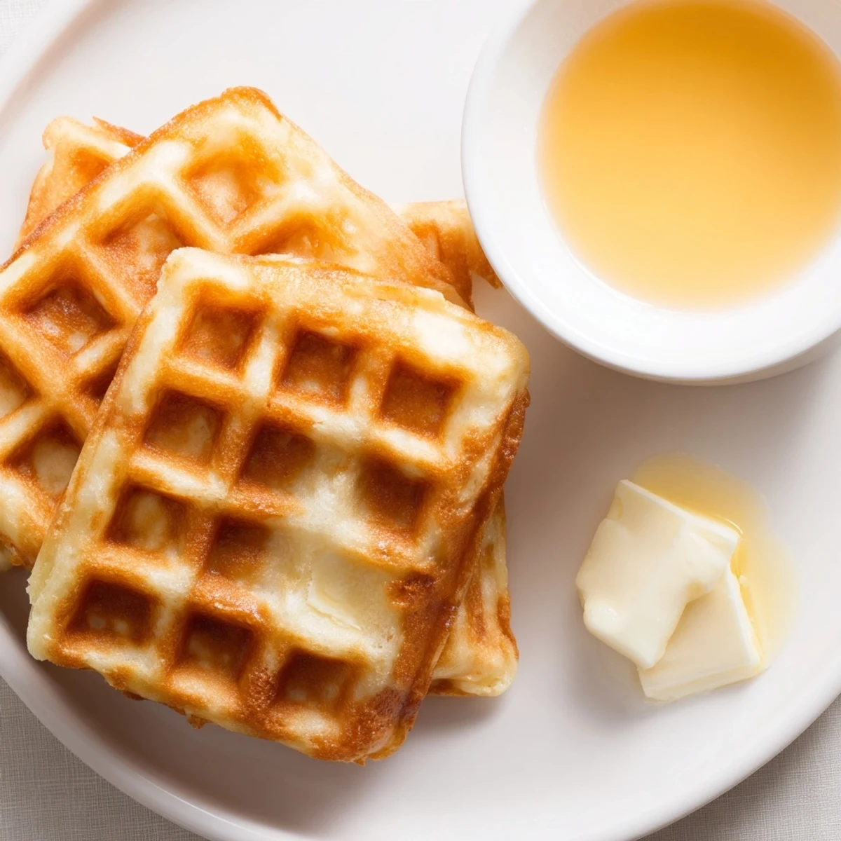 Golden-brown waffle quarters are ready for dipping in warm maple syrup for breakfast.