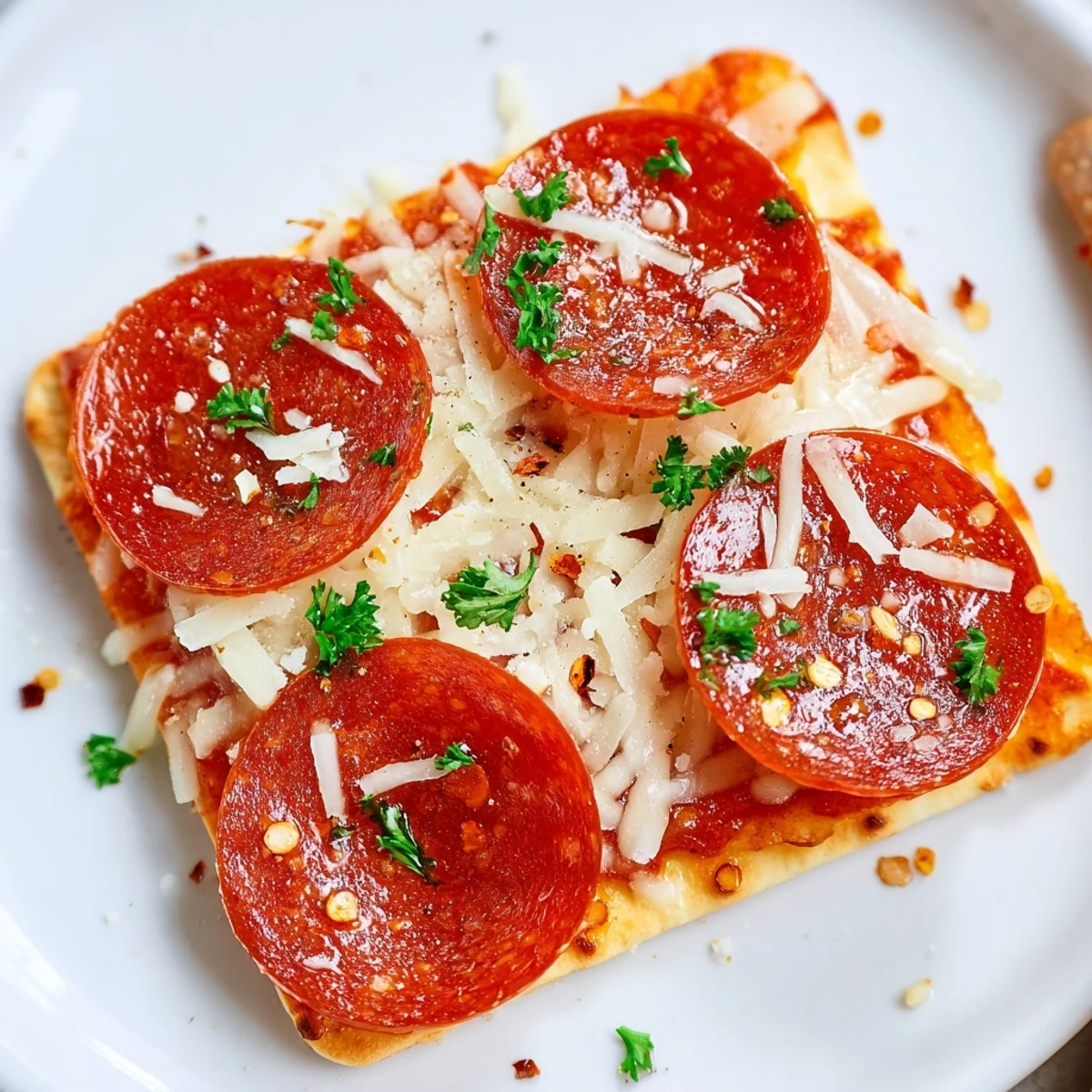 Savory Bites: Pepperoni Stacked on Square Crackers, melted mozzarella over crispy pepperoni, ready to enjoy.