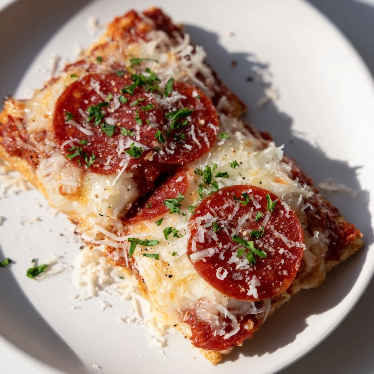 Warm, cheesy Savory Bites: Pepperoni Stacked on Square Crackers appetizer with melted mozzarella and pepperoni layers.