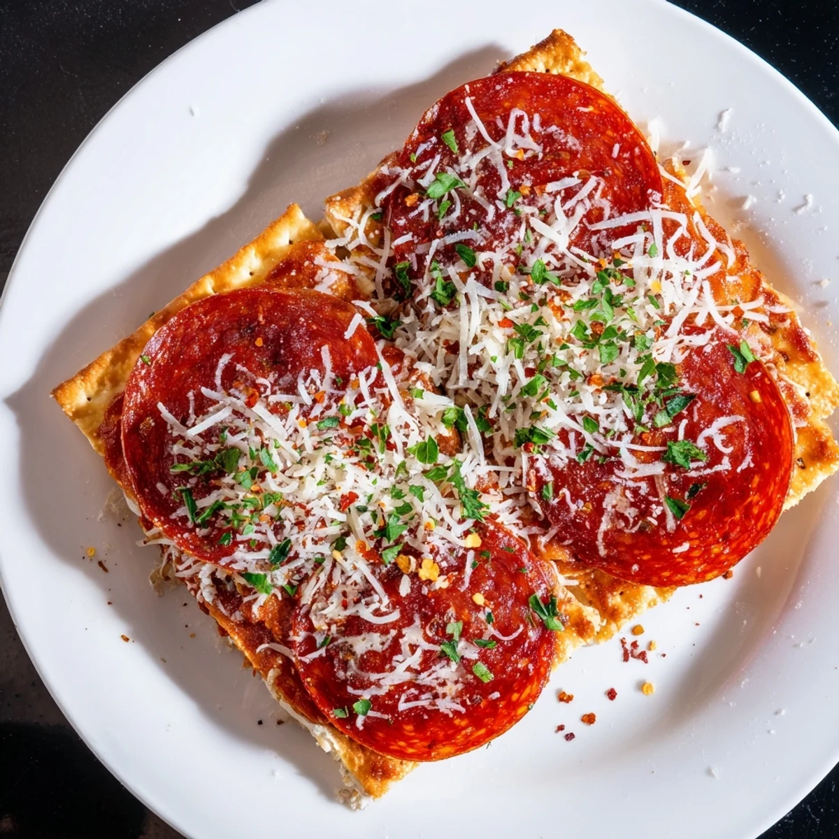 Appetizing photo of Savory Bites: Pepperoni Stacked on Square Crackers, ideal for a party, featuring crispy pepperoni.