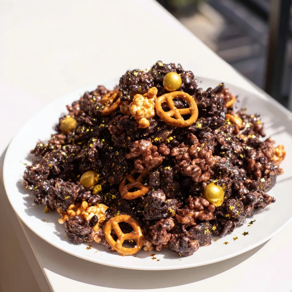 Close-up of golden chocolate chips and Midnight Snack Mix, perfect for New Year's Eve treats.