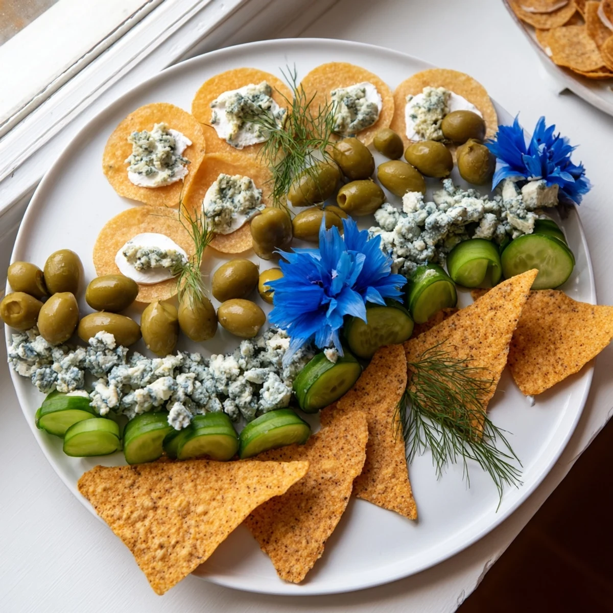 A party-ready Deep Sea Ocean Wave appetizer platter showing blue cheese, olives, and crisp chips.