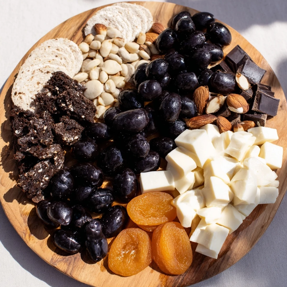 This Yin and Yang Balance Board features a stunning platter of savory appetizers ready to enjoy.