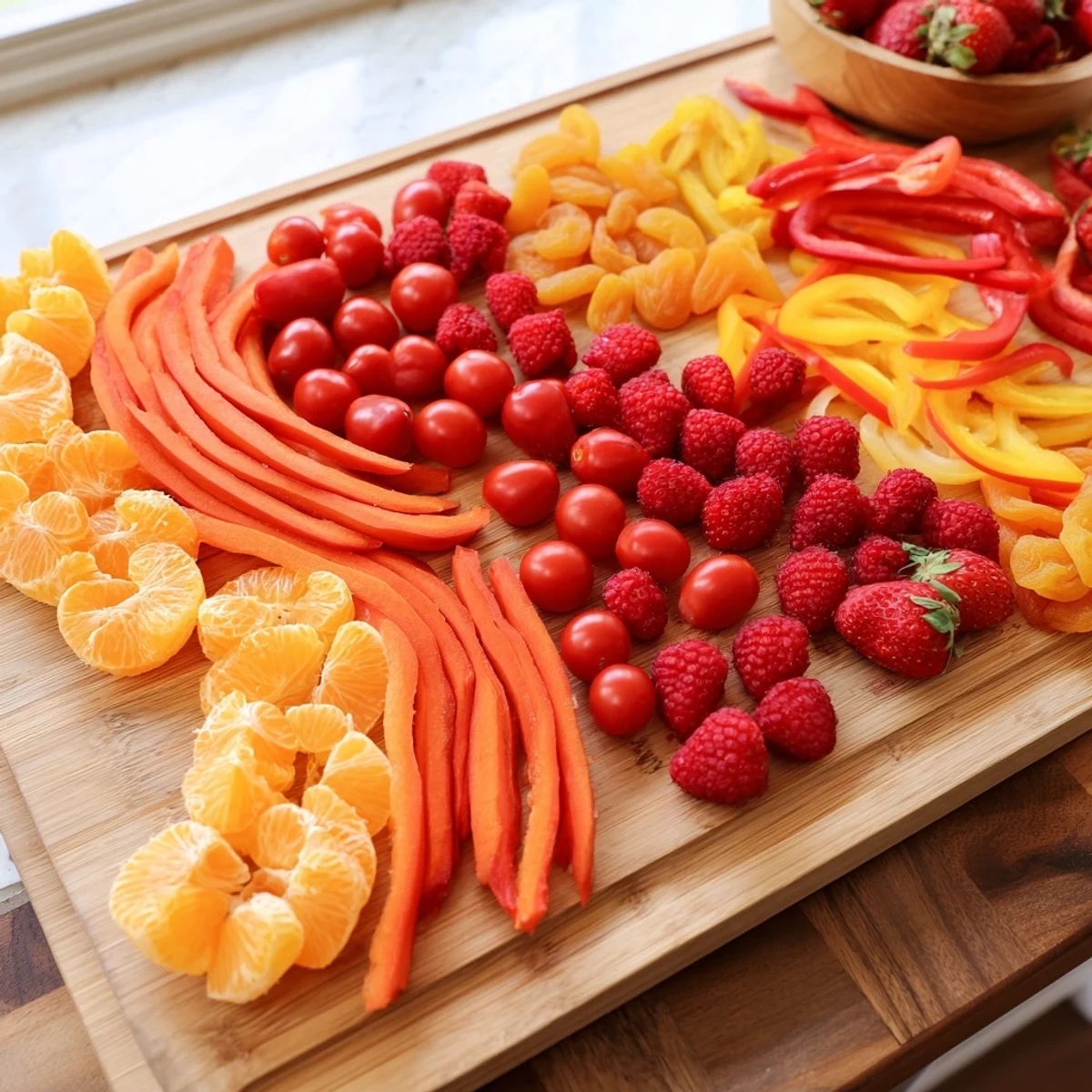 Rainbow Pride Spectrum grazing board overflowing with colorful fruits and vegetables, artfully arranged.