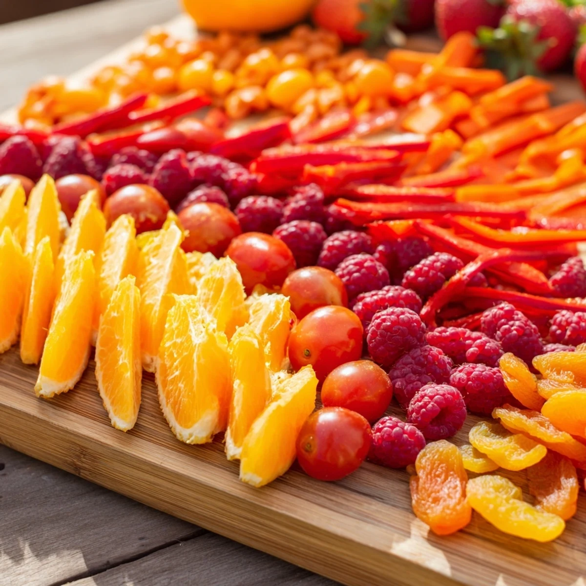 A visually stunning Rainbow Pride Spectrum appetizer board, showing off fresh, vibrant ingredients in rainbow order.