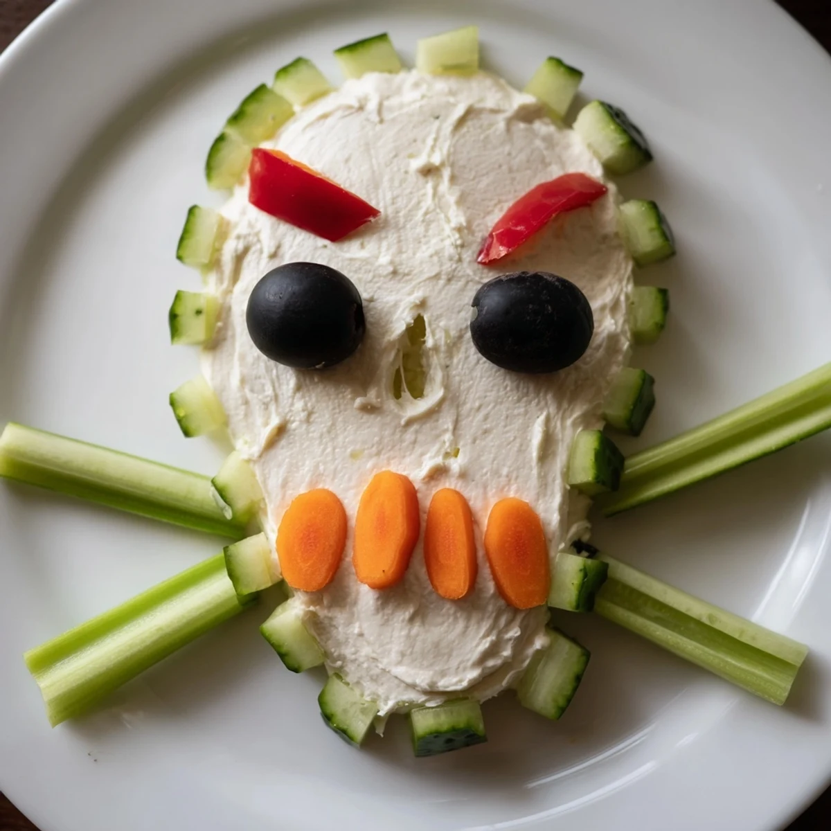 Image of a creamy Skull & Bones Spooky Spread, shaped like a skull, ready for guests.