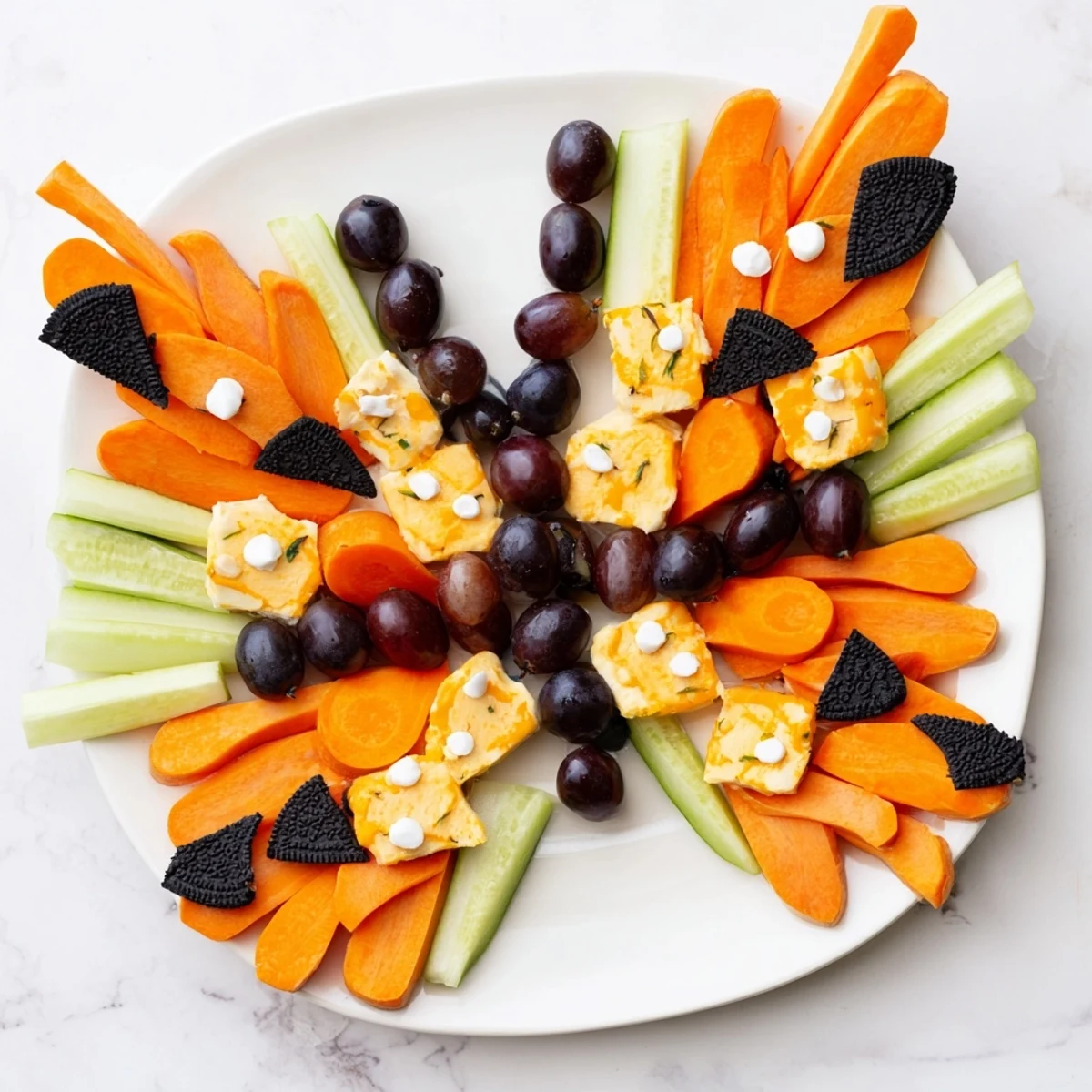 Beautiful Monarch Butterfly Wings appetizer with roasted sweet potato and fresh, vibrant ingredients.