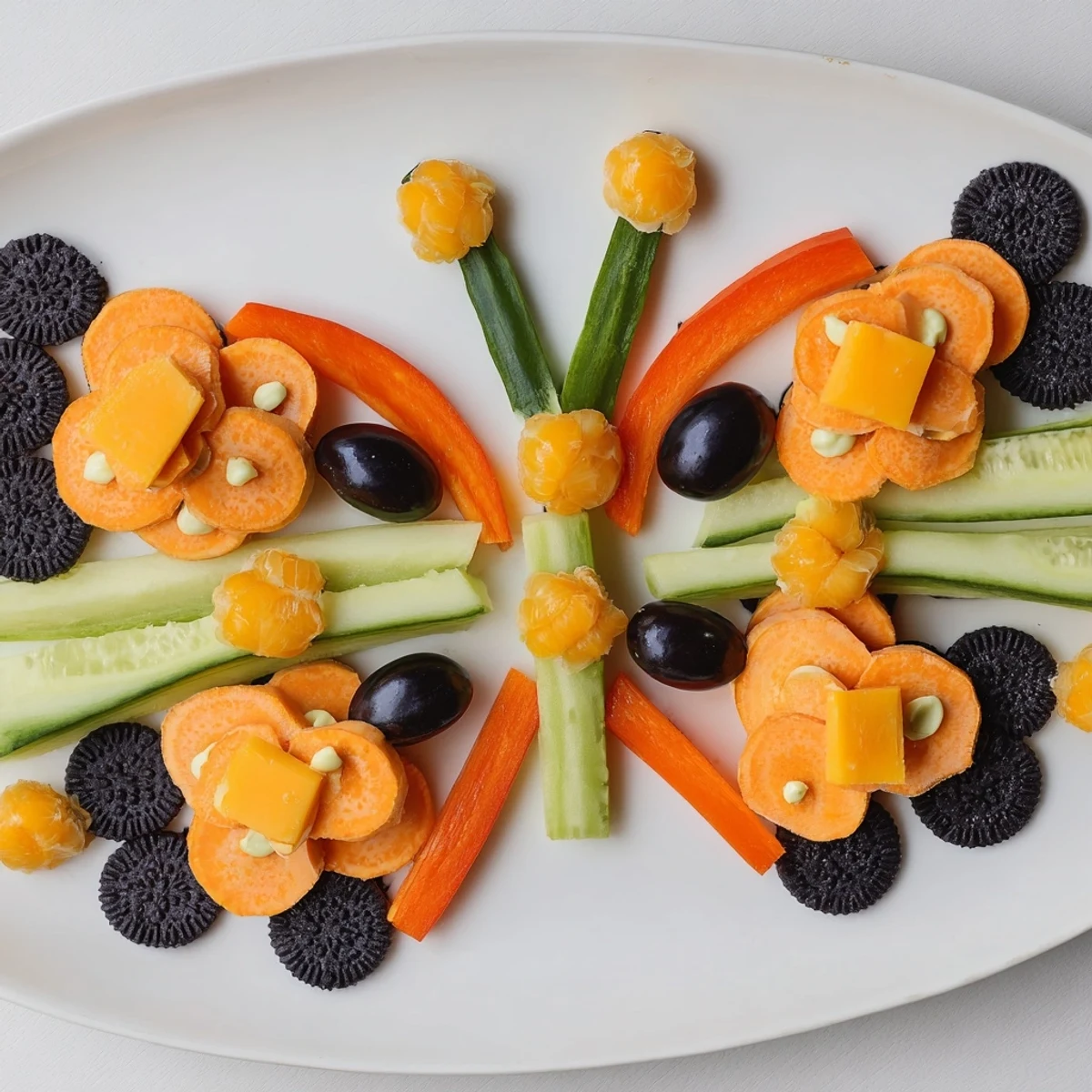 Eye-catching Monarch Butterfly Wings arrangement: colorful vegetables, cheese, and olives presented artfully.