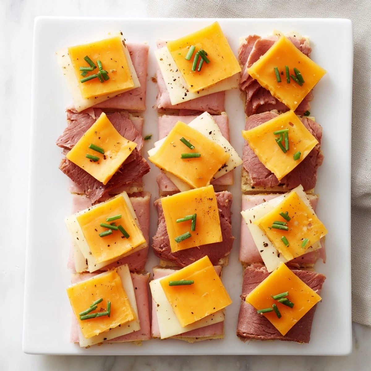 Close-up view of arranged Checkerboard Picnic Bites, showcasing the beautiful checkerboard of meat and cheese.