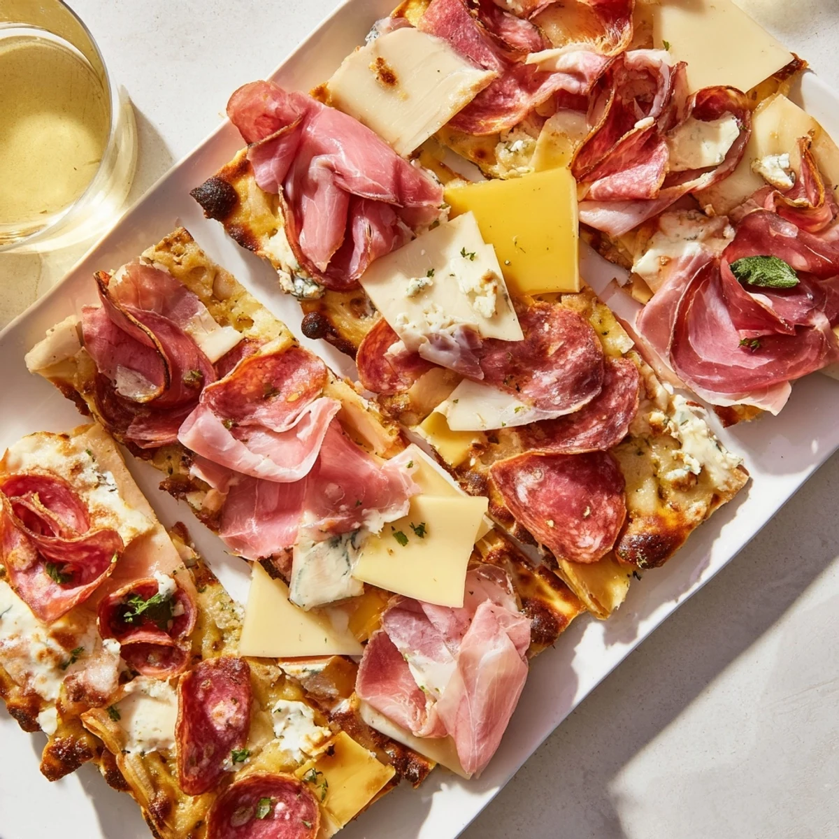 A rustic Raft appetizer showcasing layered meats and cheeses on crispy, warm flatbreads.