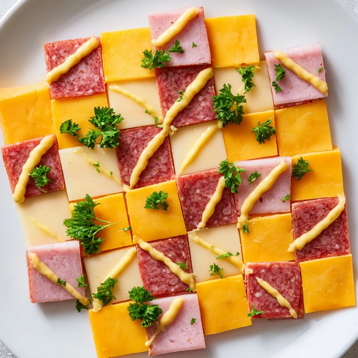 Ready-to-serve "Patchwork Quilt" appetizer with assorted meats, cheeses, and mustard, inviting you to enjoy!