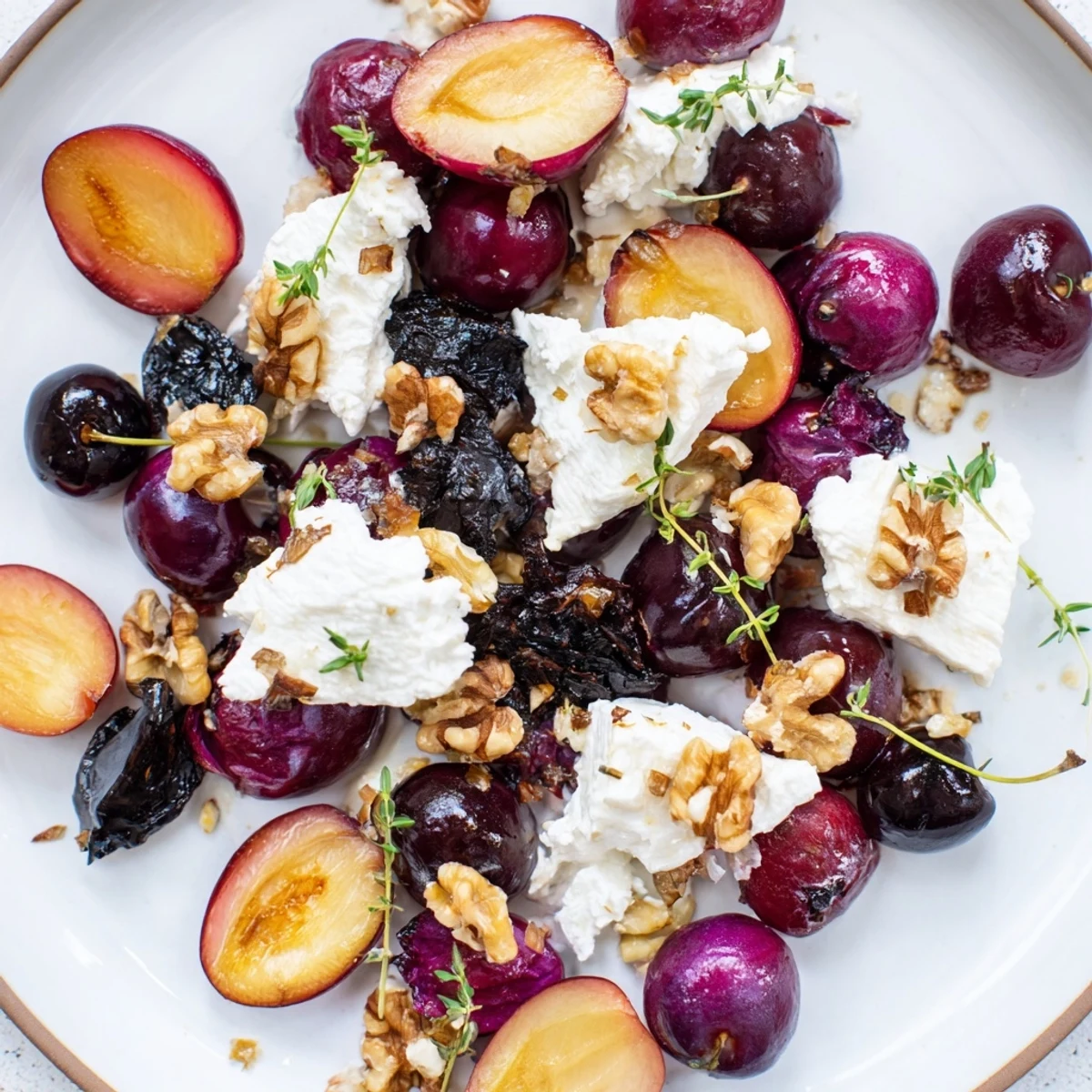Rich, dark Midnight Orchard fruit platter with creamy goat cheese, ready for a delicious appetizer.